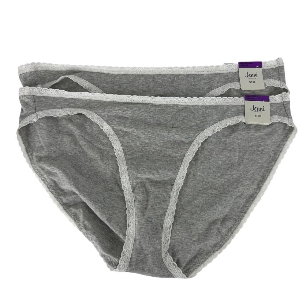Jenni Intimates NEW Lot of 2 XXL Bikini Panties Grey White Lace Briefs Cotton